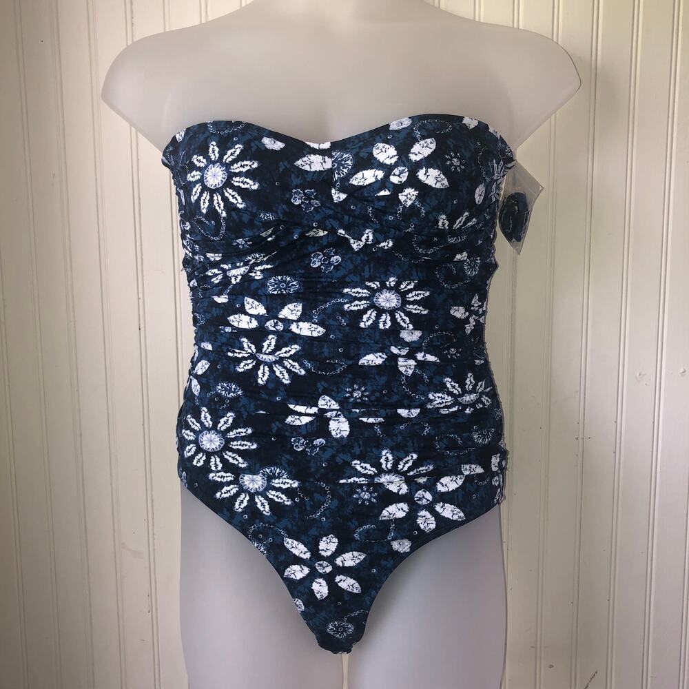 BLEU ROD BEATTIE Retail $129 Navy Floral Ruched Sweetheart Bandeau One Piece 10